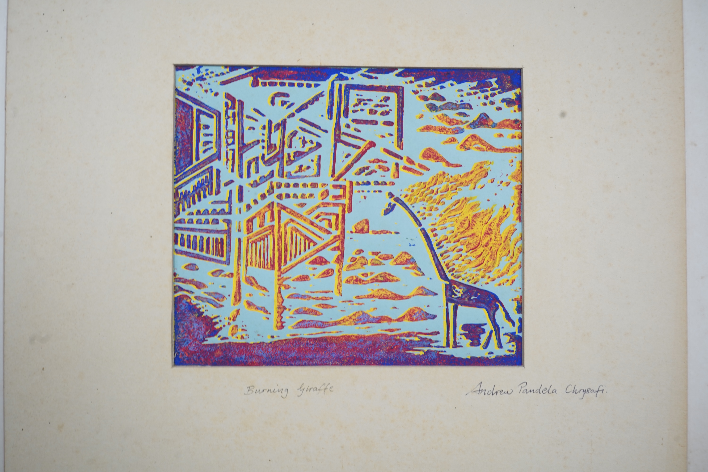 Andrew Chrysafi (b.1938), Abstract compositions to include ‘Burning Giraffe’, a collection linocuts, most signed, mounted, unframed, largest 31 x 32cm